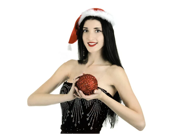 Ano Novo menina de Natal vestida como Santa santa terno morena em um presente dressa vermelho de uma menina um presente de uma menina em santa kosyume um presente inesperado um presente dela — Fotografia de Stock