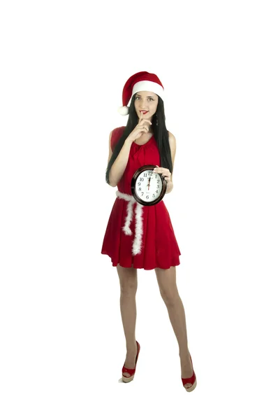 Año Nuevo chica de Navidad vestida como Santa santa traje morena en un regalo dressa rojo de una chica un regalo de una chica en santa kosyume un regalo inesperado un regalo de su —  Fotos de Stock