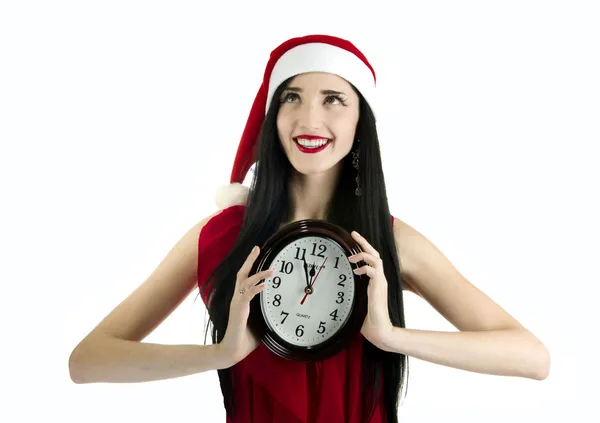 Ano Novo menina de Natal vestida como Santa santa terno morena em um presente dressa vermelho de uma menina um presente de uma menina em santa kosyume um presente inesperado um presente dela — Fotografia de Stock