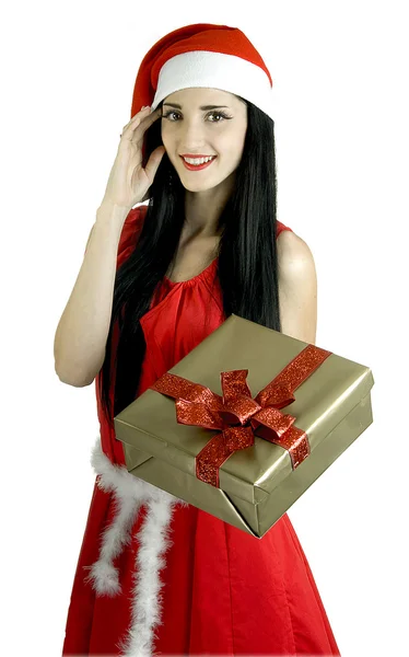 Girl with a red New Year's ball Red Christmas toy Christmas toy Snow Maiden with a fur-tree toy Christmas in red — Stock Photo, Image