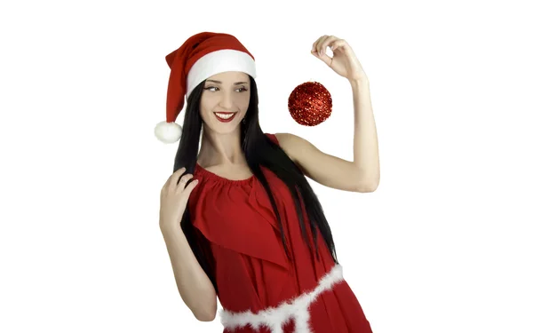 Niña con una bola roja de Año Nuevo Juguete rojo de Navidad Juguete de Navidad Nieve Doncella con un juguete de árbol de pelo Navidad en rojo —  Fotos de Stock