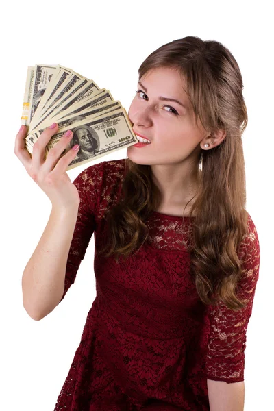 Girl biting money — Stock Photo, Image