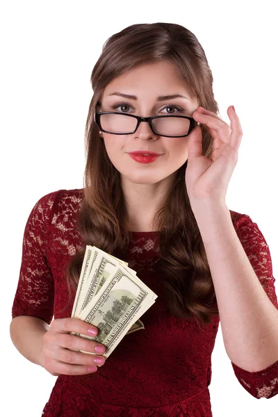 Girl with money in glasses — Stock Photo, Image