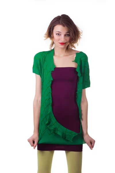 Mujer rasgando su blusa verde — Foto de Stock