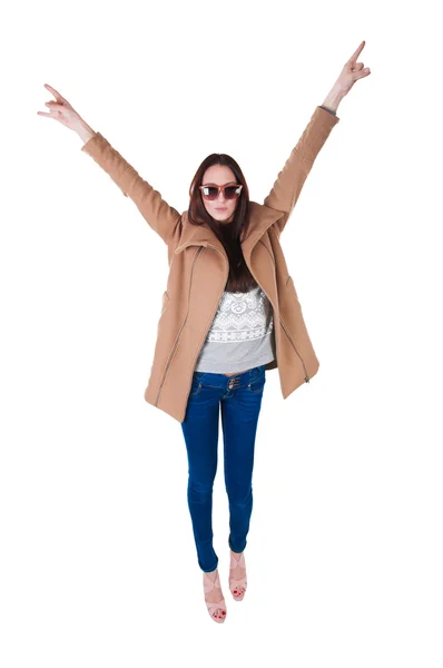 Studio fashion shot: beautiful girl in brown coat — Stock Photo, Image