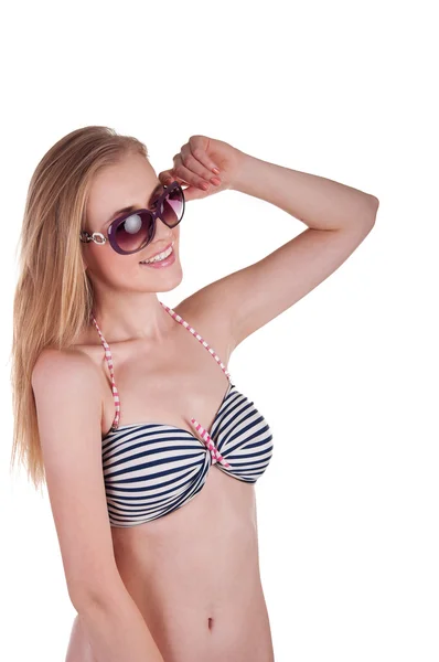 Piękna Seksowna blondynka w kostiumie kąpielowym i okulary — Zdjęcie stockowe