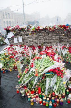 çiçekler üzerinde öldürülen euromaidan anısına. Ukraynalı protestolar 2014