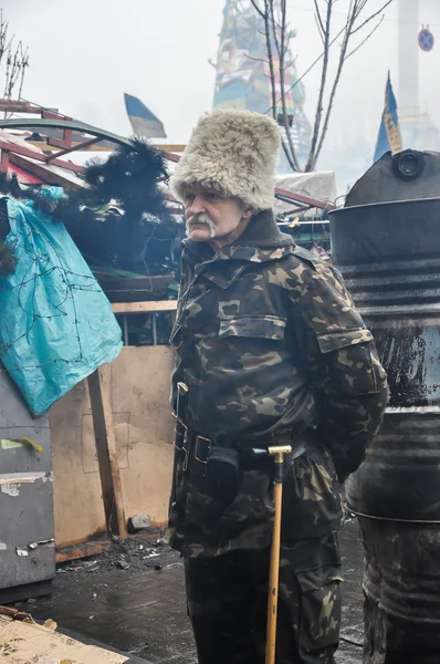 Козак стоит на защите Евромайдана. Протесты на Украине — стоковое фото