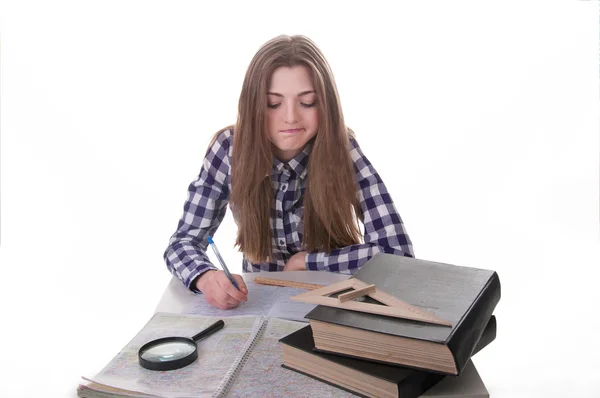 Schoolmeisje is moe van het bestuderen van — Stockfoto