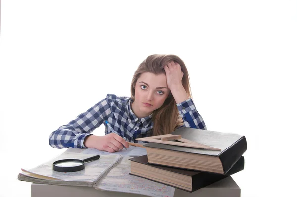 Schoolmeisje is moe van het bestuderen van — Stockfoto