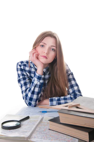 Schoolmeisje is moe van het bestuderen van — Stockfoto