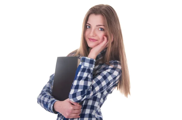 Hermosa colegiala sosteniendo un libro en sus manos —  Fotos de Stock