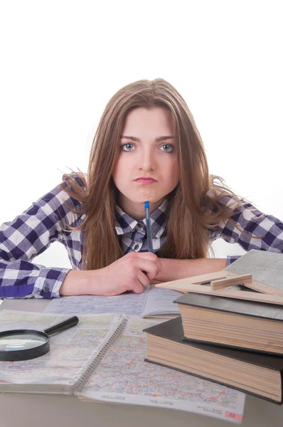 Colegiala está cansada de estudiar —  Fotos de Stock