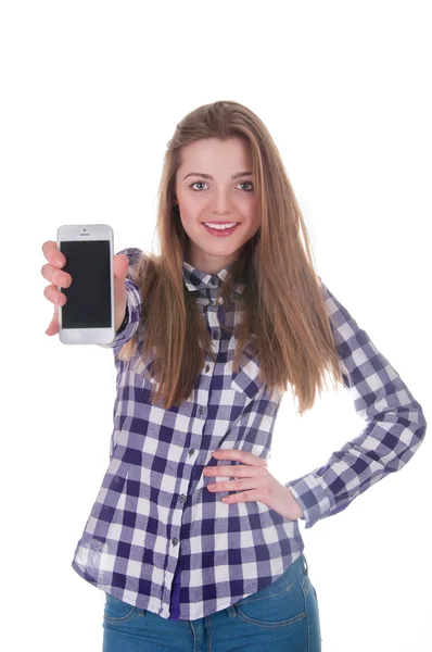 Joven chica sosteniendo el teléfono móvil — Foto de Stock