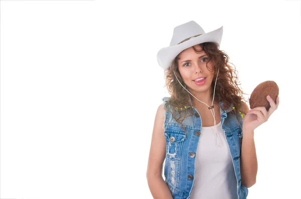 Retrato de niña de verano con coco sobre fondo blanco —  Fotos de Stock