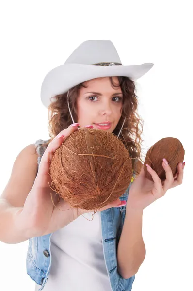 Sommer Mädchen Porträt mit Kokosnuss auf weißem Hintergrund — Stockfoto