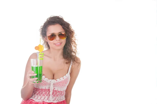 Summer girl portrait with cocktail on white background Royalty Free Stock Images