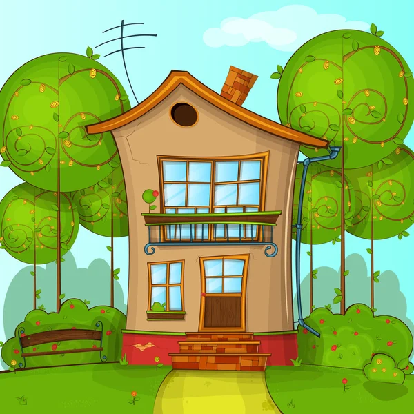 Иллюстрация улицы с домом и деревьями — стоковый вектор