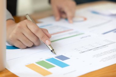 Asyalı iş kadınları grafikleri, mali istatistikleri ve özel ofislerdeki kurumsal getirileri, piyasa araştırma raporlarını ve gelir istatistiklerini, Mali ve Muhasebe kavramını analiz ediyorlar..