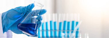 Bilim insanları kimyasal bileşimin ve biyolojik kütlesinin bilimsel bir laboratuvarda, bilim adamlarında ve laboratuar konseptinde tespit edilmesine hazırlanmak için mavi kimyasal test tüpleri taşıyorlar..
