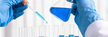 Bilim insanları kimyasal bileşimin ve biyolojik kütlesinin bilimsel bir laboratuvarda, bilim adamlarında ve laboratuar konseptinde tespit edilmesine hazırlanmak için mavi kimyasal test tüpleri taşıyorlar..