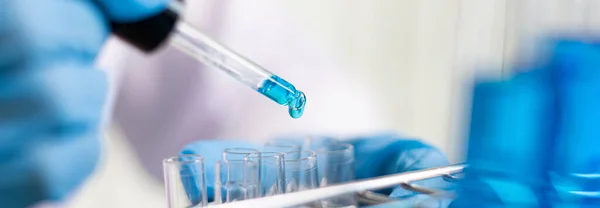 Scientists Carrying Blue Chemical Test Tubes Prepare Determination Chemical Composition — Stock Photo, Image