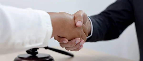 Lawyers Counselors Join Hands Clients Congratulate End Case Company Negotiation — Stock Photo, Image