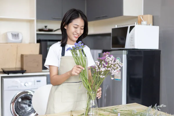 Bouquet Asian Woman Puts Beautiful Bouquet Colorful Flowers Vase Decorate Stock Photo