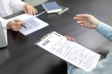Job interview, Employer or recruiter is interviewing and taking the applicant's work history, Specialized Functional Ability Test, Business conversation, Manager resource employment and recruitment