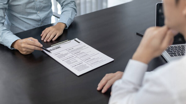 Employer or HR department is reading the resume and interviewing the ability of new employees, job interview with applicants, Using psychology in job interviews, Employment and Recruitment Concept.