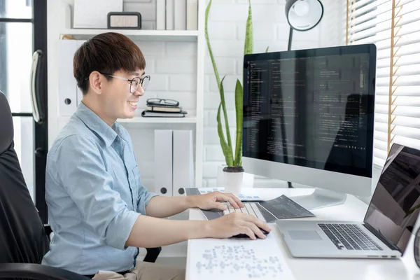 Professional development programmers are sit on a desk with work equipment such as: computer-laptop-tablet. for working in programming or writing code on  website,  HTML, javascript, Software.