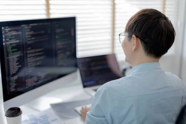 Professional Development Programmers Sit Desk Work Equipment Computer Laptop Tablet — Foto Stock