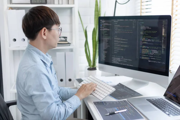 Professional development programmers are sit on a desk with work equipment such as: computer-laptop-tablet. for working in programming or writing code on  website,  HTML, javascript, Software.