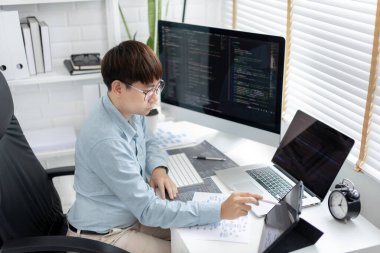 Professional development programmers are using tablet to test the functionality of their applications after programming, Write data or code for websites and applications,  HTML, javascript, Software.