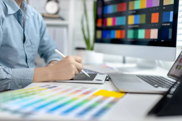 Professional development programmers are choosing color schemes to decorate their website or application to be attractive, Write information or code for the website,  HTML, Javascript, Color tone.