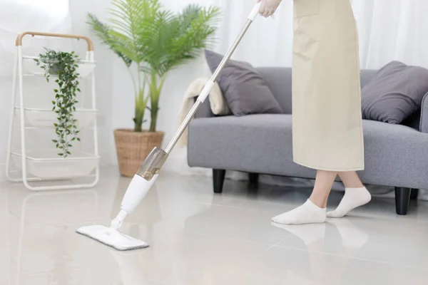 Beautiful Woman Mopping Floor Her Living Room Big Cleaning House — Stockfoto