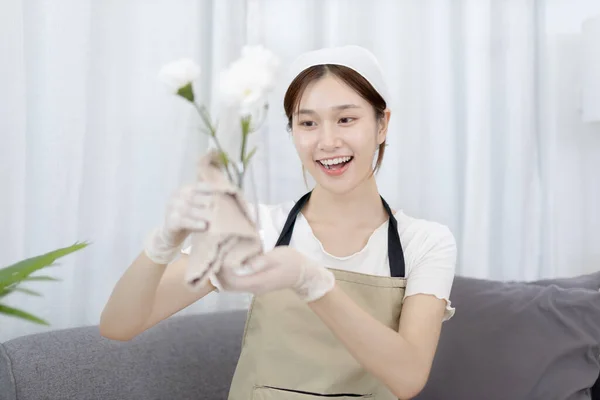 Beautiful housewife is cleaning things and vases in the living room, Big cleaning, Housework, Daily routine ,Removes germs and dirt and deep stains, Spray alcohol, Clean up on weekends.