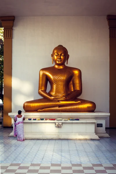 Woman brings flowers to Buddha in Colombo — Stock Photo, Image