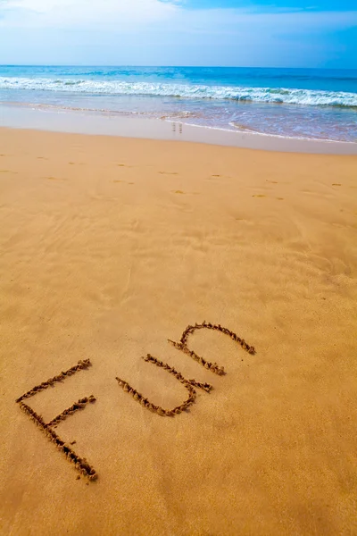 Woord plezier geschreven in zand op tropisch strand — Stockfoto