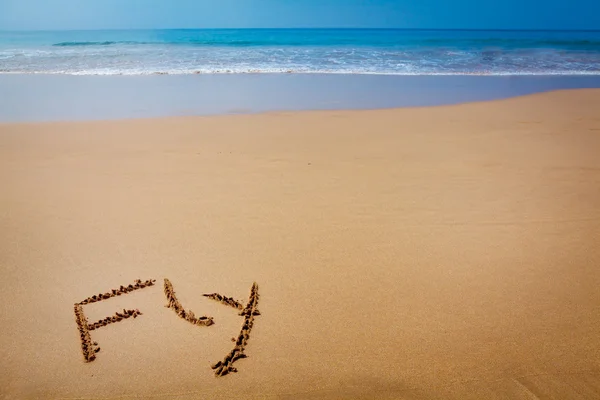 Word Fly scritto in sabbia sulla spiaggia tropicale — Foto Stock