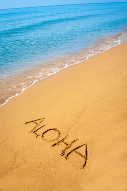 Word Aloha written in sandy on tropical beach clipart