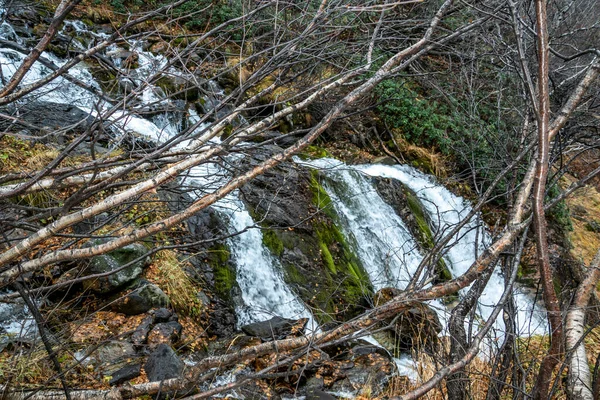 Spacer Wodospadu Wzdłuż Wąwozu Górskiego Dombai Ulgen Jesienny Pochmurny Dzień — Zdjęcie stockowe