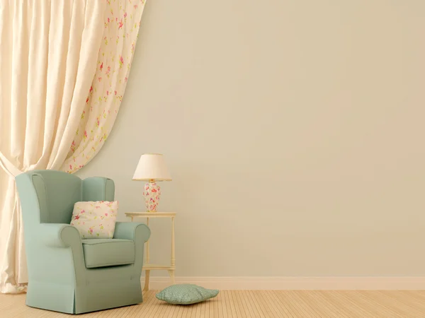 Blue chair by the curtains — Stock Photo, Image