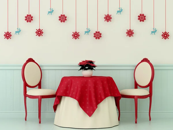 Sillas y una mesa con decoraciones navideñas — Foto de Stock