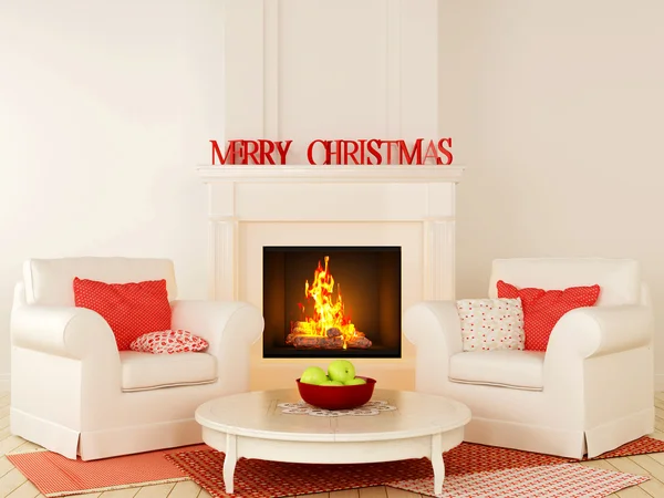 Χριστουγεννιάτικο τζάκι και μια λευκή καρέκλα — Φωτογραφία Αρχείου