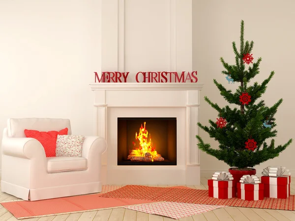 Christmas fireplace with chair and tree — Stock Photo, Image