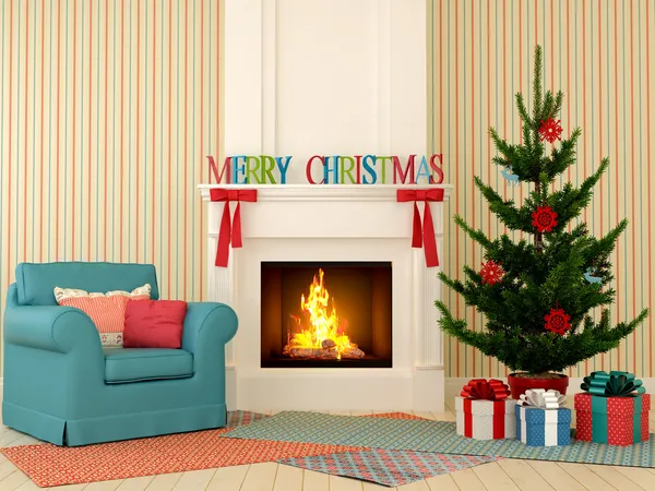 Weihnachtskamin mit blauem Stuhl und Baum — Stockfoto