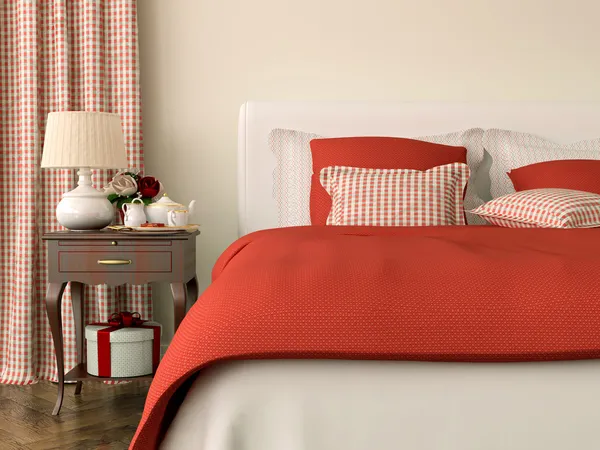 Camera da letto con decorazioni rosse — Foto Stock