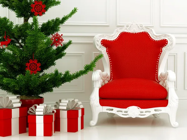 Weihnachtsbaum und roter Sessel — Stockfoto