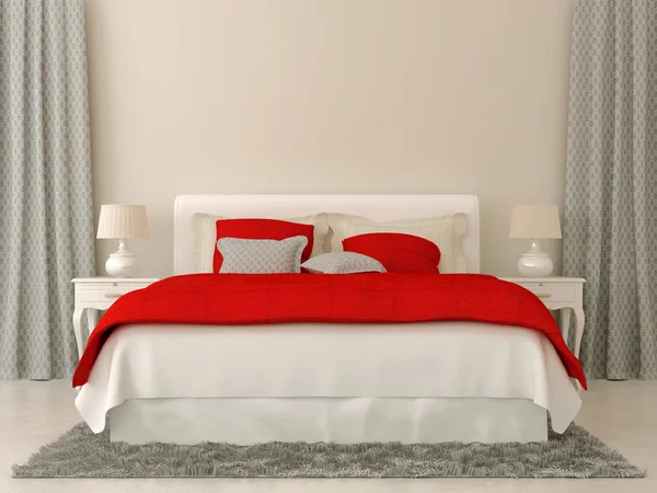 Slaapkamer met rode en grijze decoraties — Stockfoto
